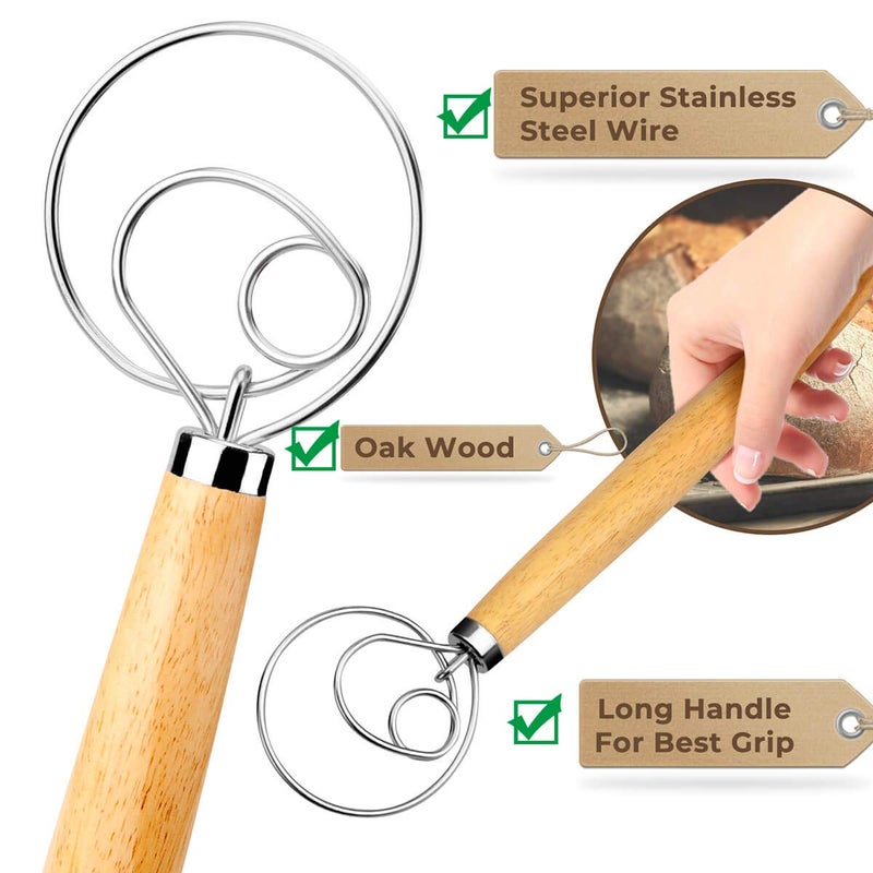 FUANRTK Danish Dough Whisk Bread Mixerï¼Œ2 Pack Premium Stainless Steel Dutch Whisk With a Dough Scraper for Bread, Pastry or Pizza Dough - Perfect Baking - Image 3